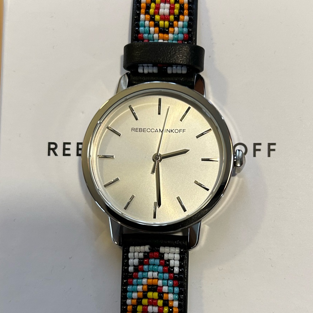 REBECCA MINKOFF WATCH WITH 36mm SILVER FACE & BLACK BEADED LEATHER BAND - Picture 2 of 6